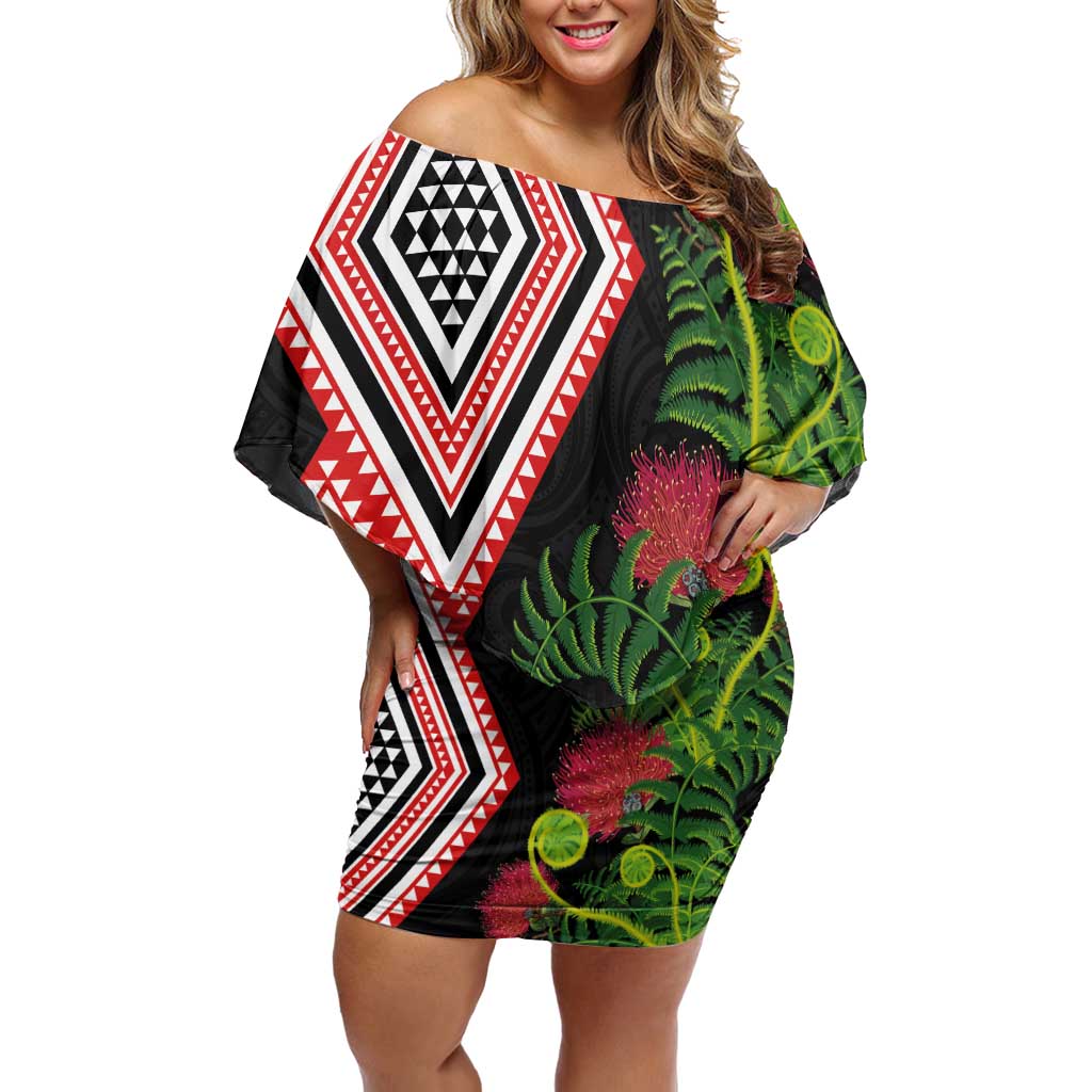 Aotearoa Tukutuku Motif Off Shoulder Short Dress Pohutukawa and Fern Leaves
