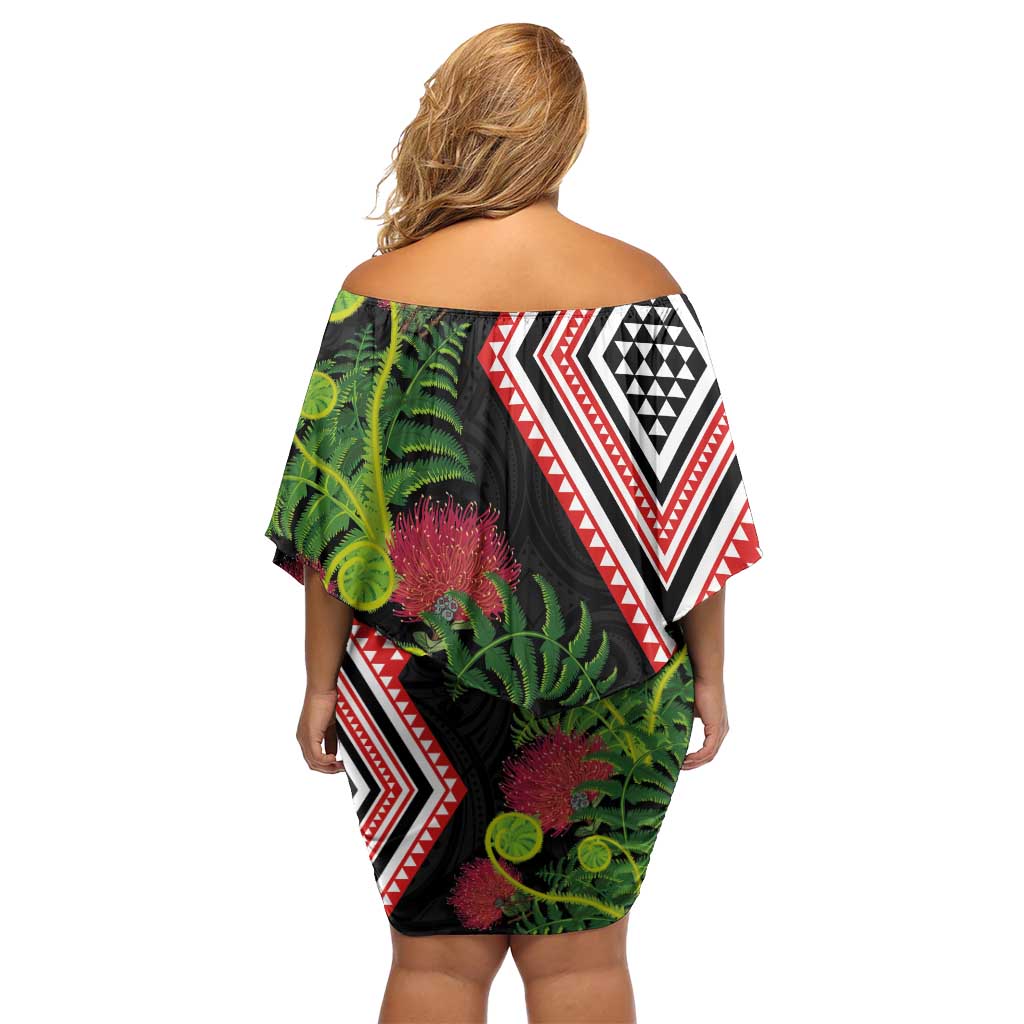 Aotearoa Tukutuku Motif Off Shoulder Short Dress Pohutukawa and Fern Leaves
