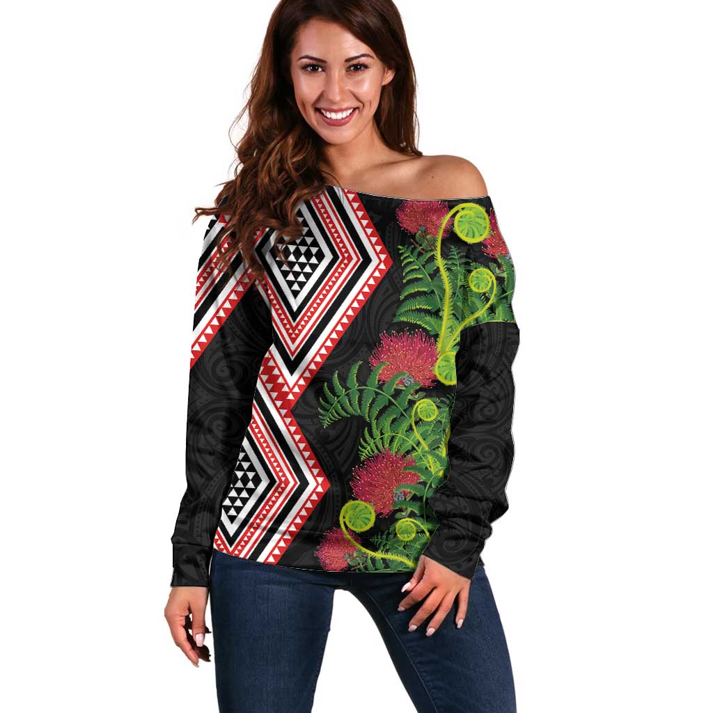 Aotearoa Tukutuku Motif Off Shoulder Sweater Pohutukawa and Fern Leaves