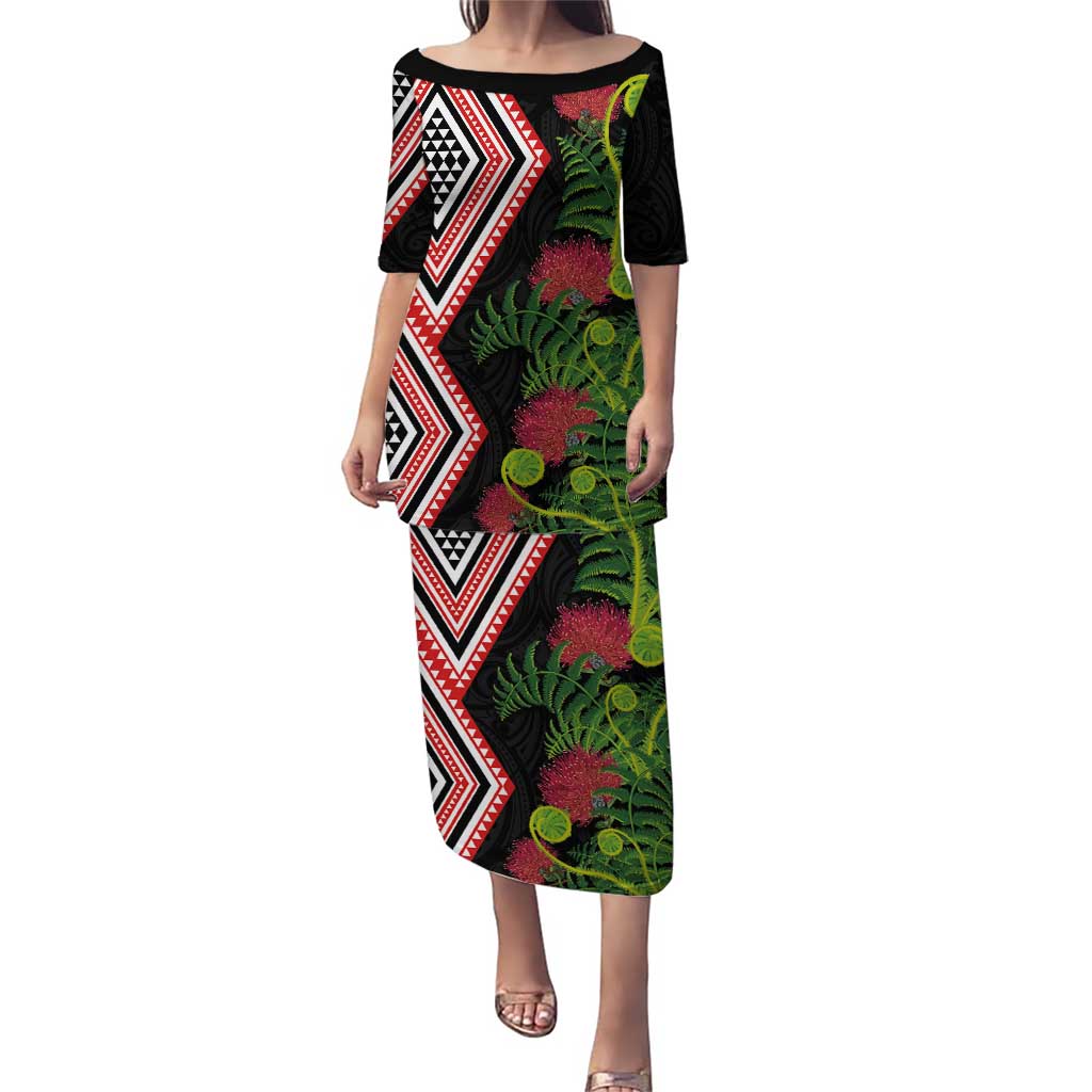 Aotearoa Tukutuku Motif Puletasi Pohutukawa and Fern Leaves