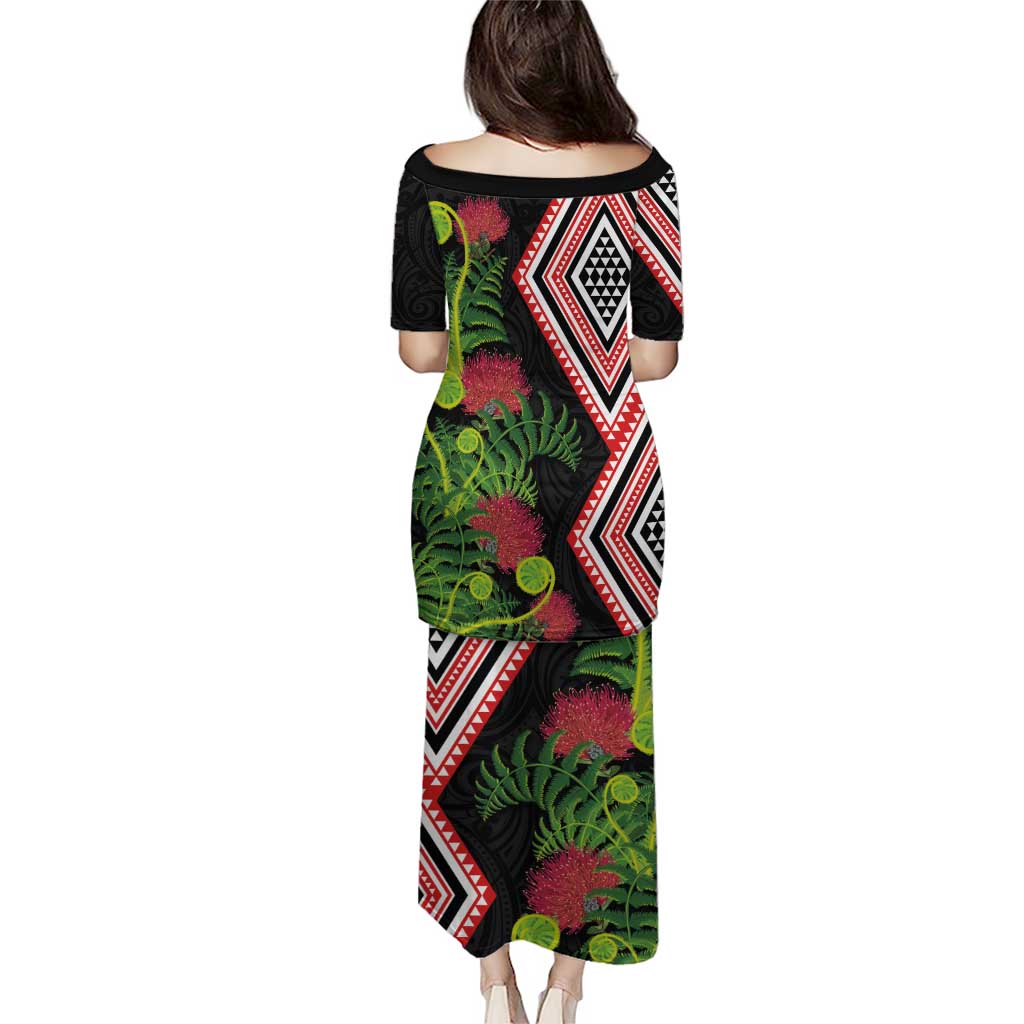 Aotearoa Tukutuku Motif Puletasi Pohutukawa and Fern Leaves