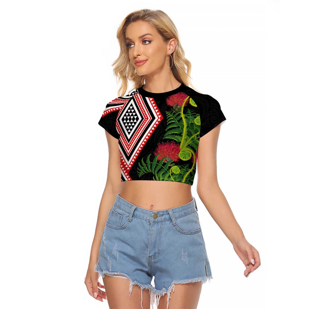 Aotearoa Tukutuku Motif Raglan Cropped T Shirt Pohutukawa and Fern Leaves LT03 Female Black - Polynesian Pride