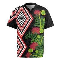 Aotearoa Tukutuku Motif Rugby Jersey Pohutukawa and Fern Leaves LT03 Black - Polynesian Pride