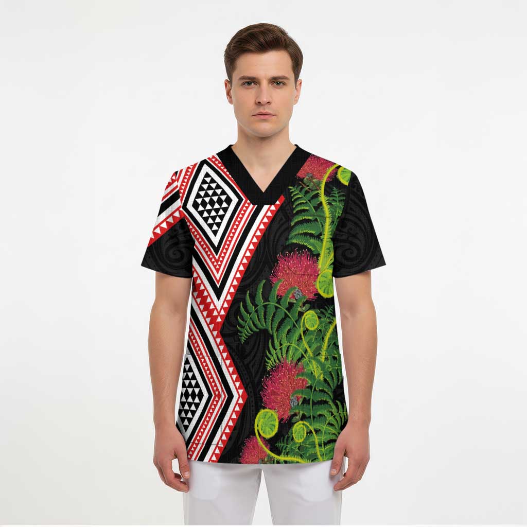 Aotearoa Tukutuku Motif Scrub Top Pohutukawa and Fern Leaves - Polynesian Pride