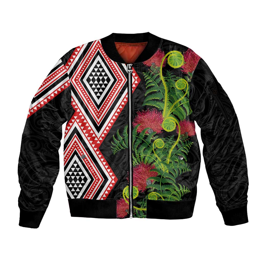 Aotearoa Tukutuku Motif Sleeve Zip Bomber Jacket Pohutukawa and Fern Leaves