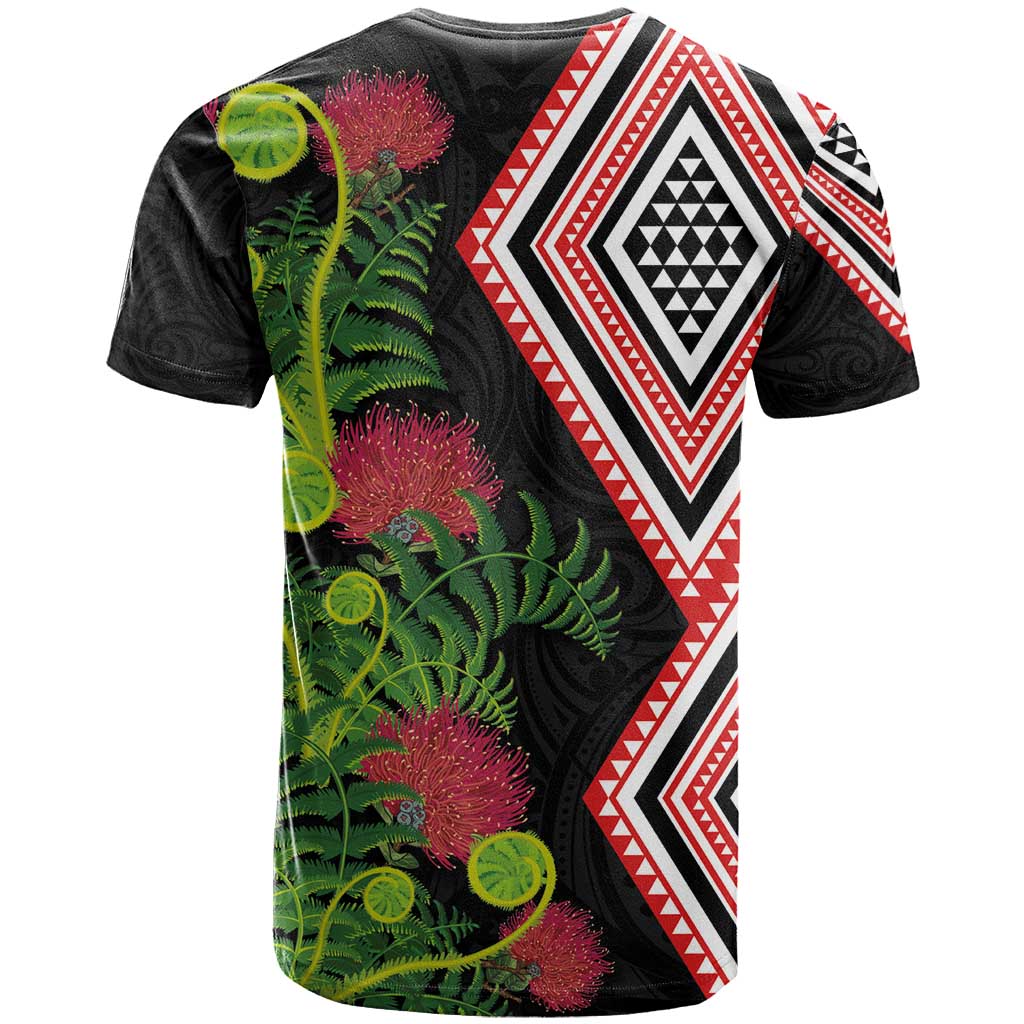 Aotearoa Tukutuku Motif T Shirt Pohutukawa and Fern Leaves LT03 - Polynesian Pride