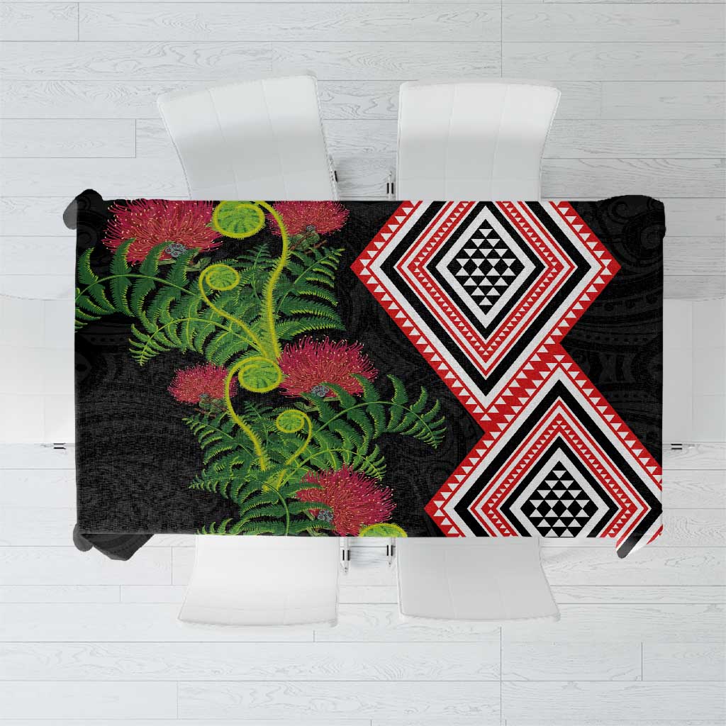 Aotearoa Tukutuku Motif Tablecloth Pohutukawa and Fern Leaves LT03 Black - Polynesian Pride