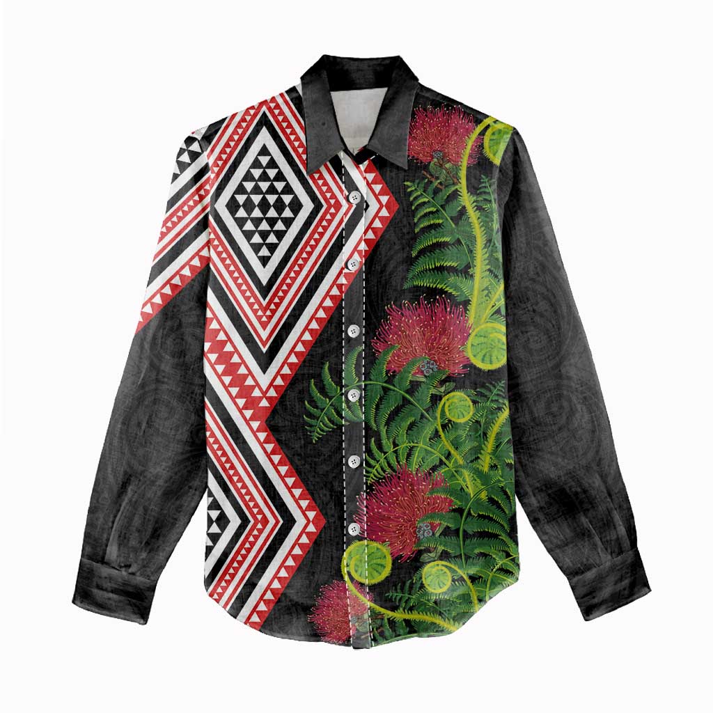 Aotearoa Tukutuku Motif Women Casual Shirt Pohutukawa and Fern Leaves LT03 - Polynesian Pride