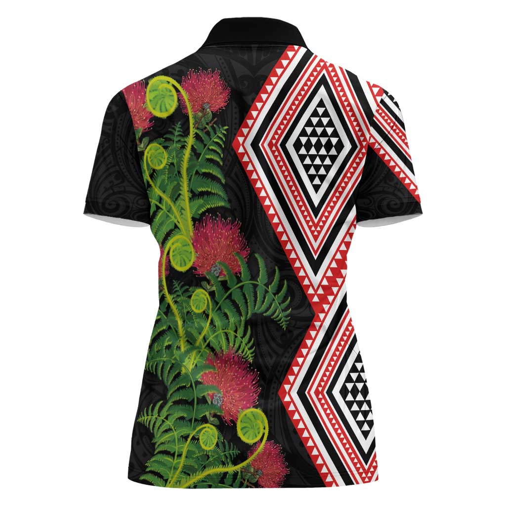 Aotearoa Tukutuku Motif Women Polo Shirt Pohutukawa and Fern Leaves