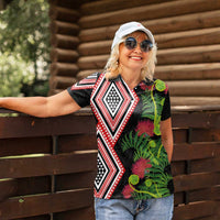 Aotearoa Tukutuku Motif Women Polo Shirt Pohutukawa and Fern Leaves