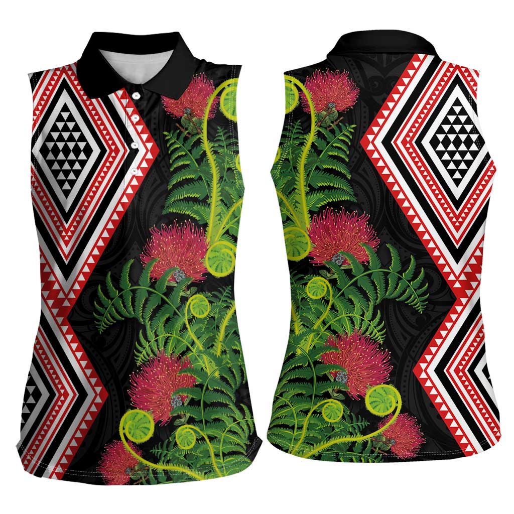 Aotearoa Tukutuku Motif Women Sleeveless Polo Shirt Pohutukawa and Fern Leaves LT03 - Polynesian Pride