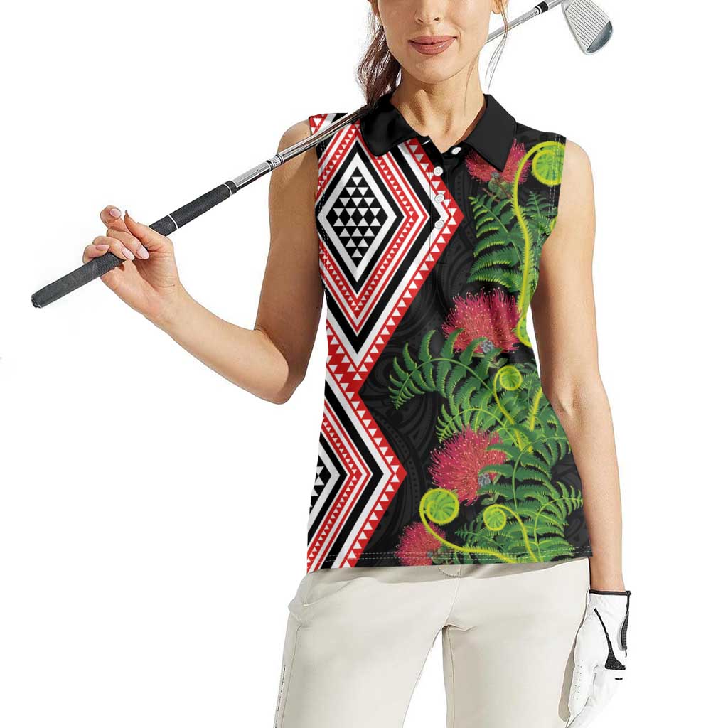 Aotearoa Tukutuku Motif Women Sleeveless Polo Shirt Pohutukawa and Fern Leaves LT03 - Polynesian Pride