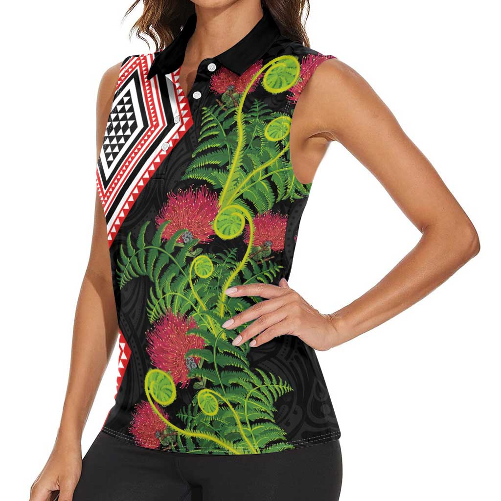 Aotearoa Tukutuku Motif Women Sleeveless Polo Shirt Pohutukawa and Fern Leaves LT03 - Polynesian Pride