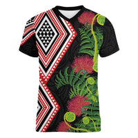 Aotearoa Tukutuku Motif Women V-Neck T-Shirt Pohutukawa and Fern Leaves LT03 Female Black - Polynesian Pride