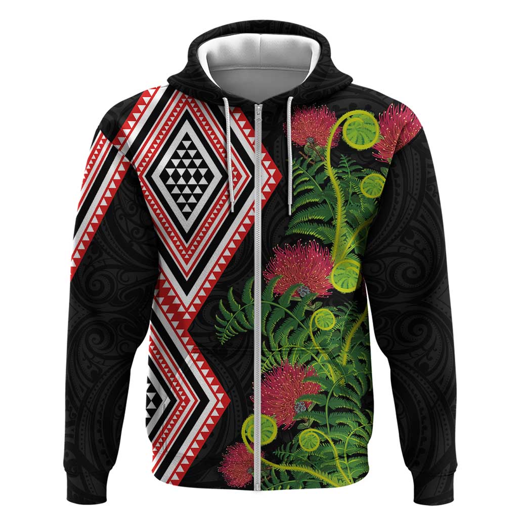 Aotearoa Tukutuku Motif Zip Hoodie Pohutukawa and Fern Leaves