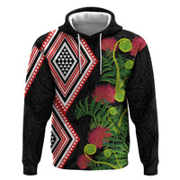 Aotearoa Tukutuku Motif Zip Hoodie Pohutukawa and Fern Leaves