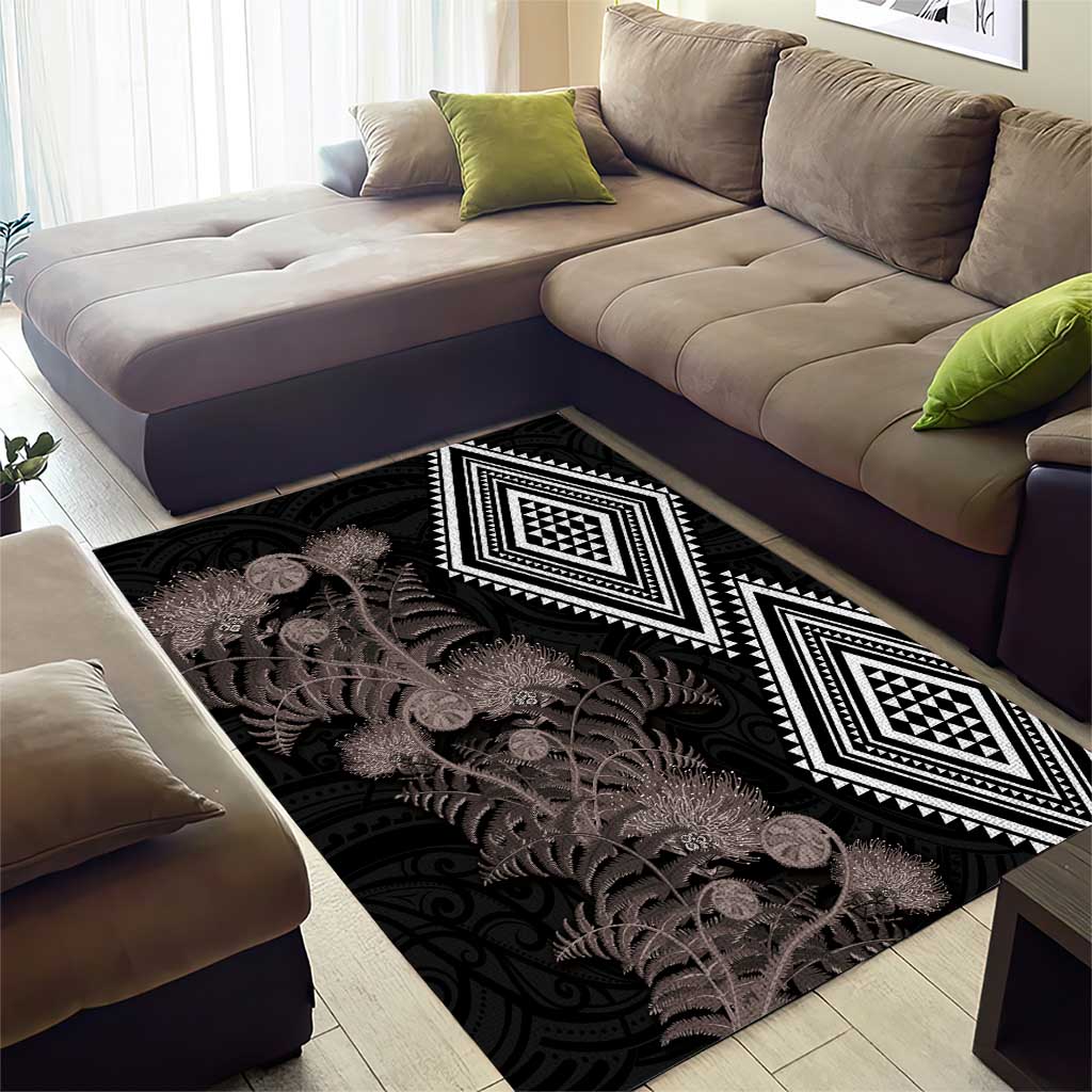 Aotearoa Tukutuku Motif Area Rug Pohutukawa and Fern Leaves Grayscale Color