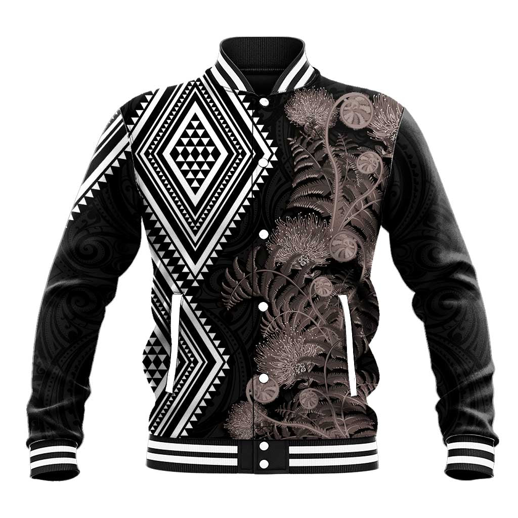 Aotearoa Tukutuku Motif Baseball Jacket Pohutukawa and Fern Leaves Grayscale Color LT03 Unisex Black - Polynesian Pride
