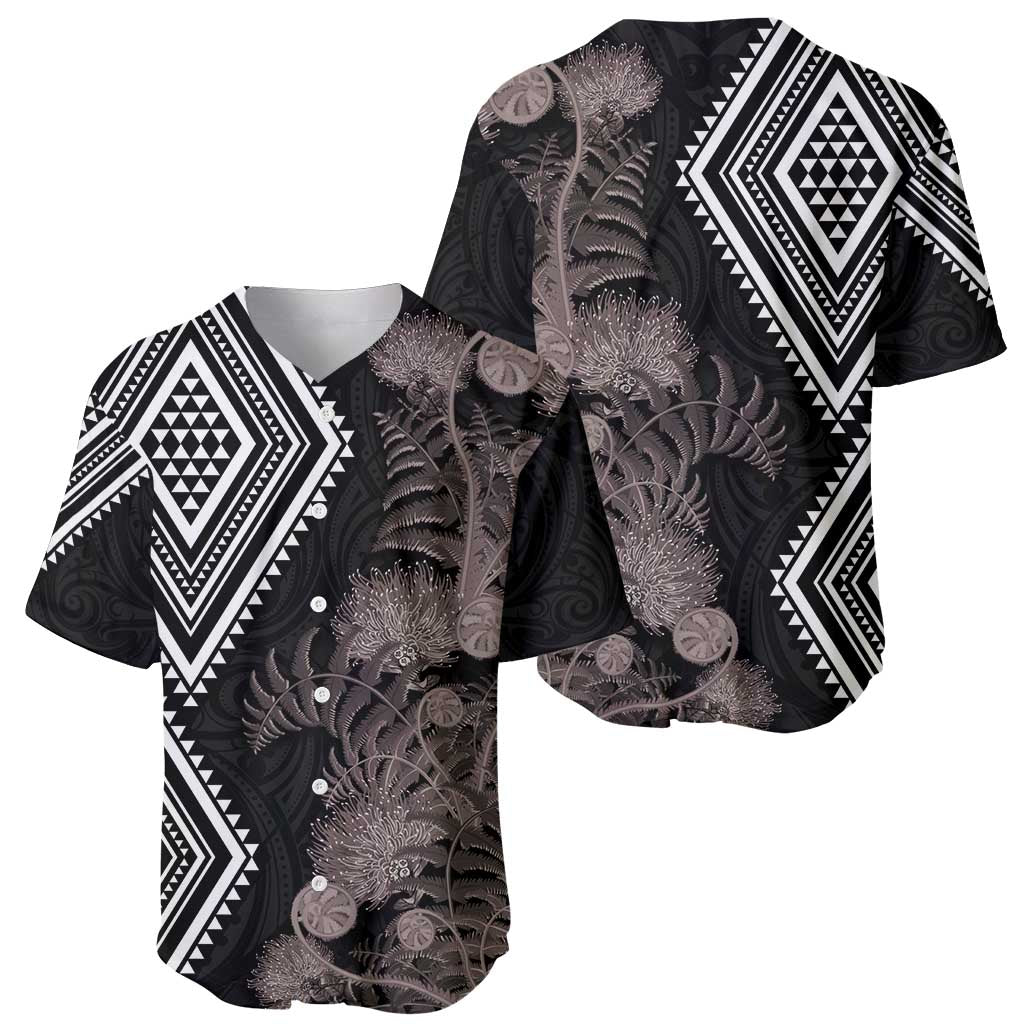 Aotearoa Tukutuku Motif Baseball Jersey Pohutukawa and Fern Leaves Grayscale Color LT03 - Polynesian Pride