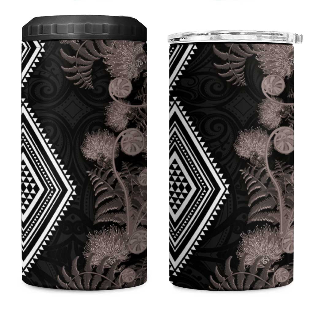 Aotearoa Tukutuku Motif 4 in 1 Can Cooler Tumbler Pohutukawa and Fern Leaves Grayscale Color LT03 One Size: 16 oz Black - Polynesian Pride