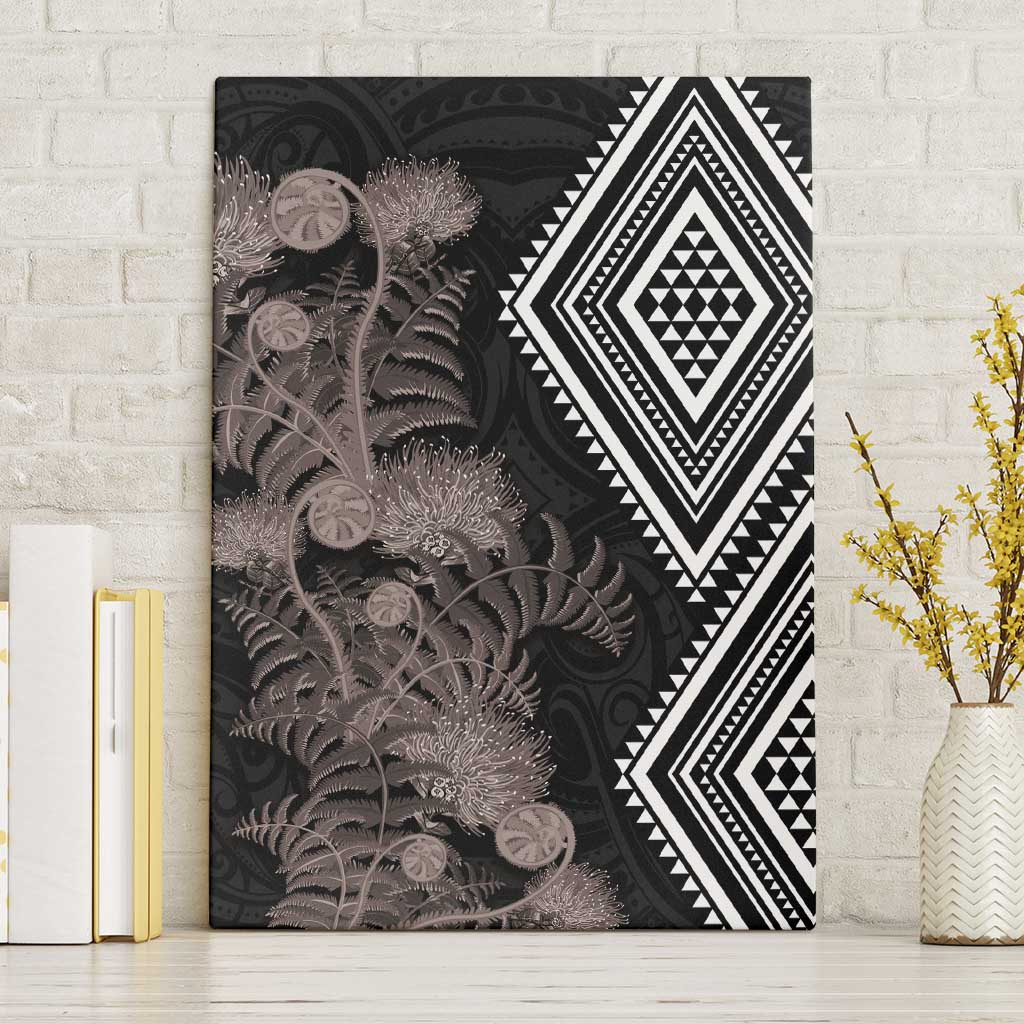 Aotearoa Tukutuku Motif Canvas Wall Art Pohutukawa and Fern Leaves Grayscale Color
