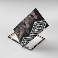 Aotearoa Tukutuku Motif Canvas Wall Art Pohutukawa and Fern Leaves Grayscale Color LT03 With Frame Black - Polynesian Pride