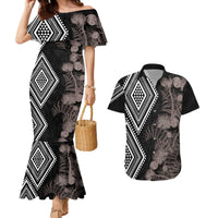Aotearoa Tukutuku Motif Couples Matching Mermaid Dress and Hawaiian Shirt Pohutukawa and Fern Leaves Grayscale Color LT03 Black - Polynesian Pride