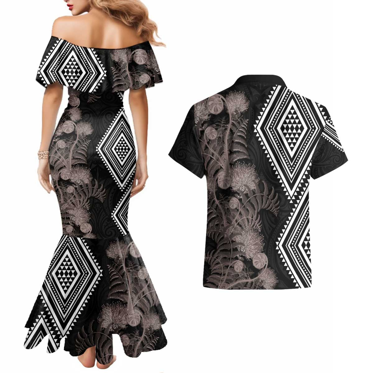 Aotearoa Tukutuku Motif Couples Matching Mermaid Dress and Hawaiian Shirt Pohutukawa and Fern Leaves Grayscale Color LT03 - Polynesian Pride