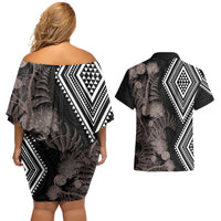 Aotearoa Tukutuku Motif Couples Matching Off Shoulder Short Dress and Hawaiian Shirt Pohutukawa and Fern Leaves Grayscale Color LT03 - Polynesian Pride