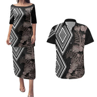 Aotearoa Tukutuku Motif Couples Matching Puletasi and Hawaiian Shirt Pohutukawa and Fern Leaves Grayscale Color LT03 Black - Polynesian Pride