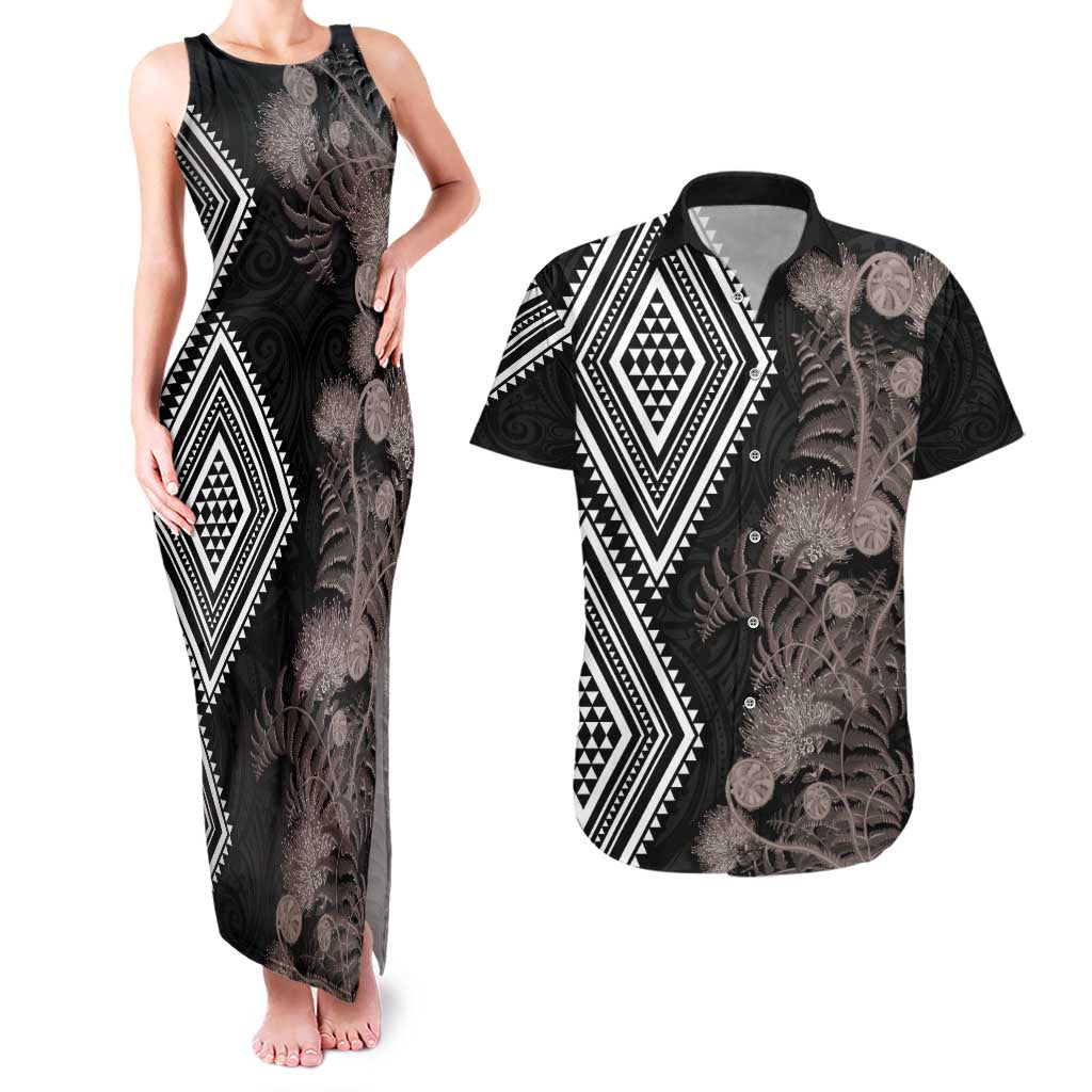 Aotearoa Tukutuku Motif Couples Matching Tank Maxi Dress and Hawaiian Shirt Pohutukawa and Fern Leaves Grayscale Color LT03 Black - Polynesian Pride