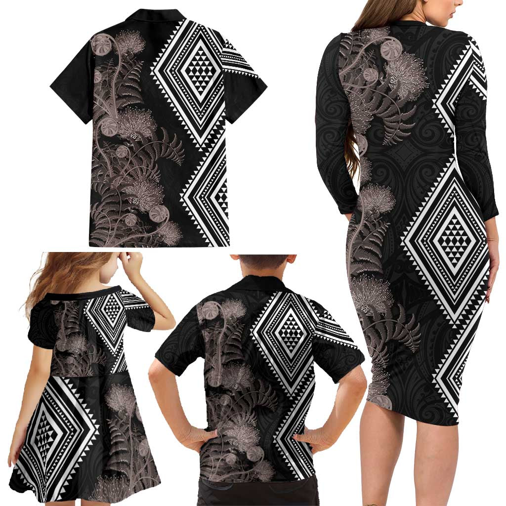 Aotearoa Tukutuku Motif Family Matching Long Sleeve Bodycon Dress and Hawaiian Shirt Pohutukawa and Fern Leaves Grayscale Color LT03 - Polynesian Pride