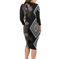 Aotearoa Tukutuku Motif Family Matching Long Sleeve Bodycon Dress and Hawaiian Shirt Pohutukawa and Fern Leaves Grayscale Color LT03 - Polynesian Pride