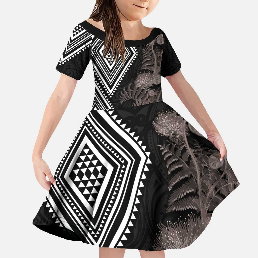 Aotearoa Tukutuku Motif Family Matching Mermaid Dress and Hawaiian Shirt Pohutukawa and Fern Leaves Grayscale Color LT03 Daughter's Dress Black - Polynesian Pride