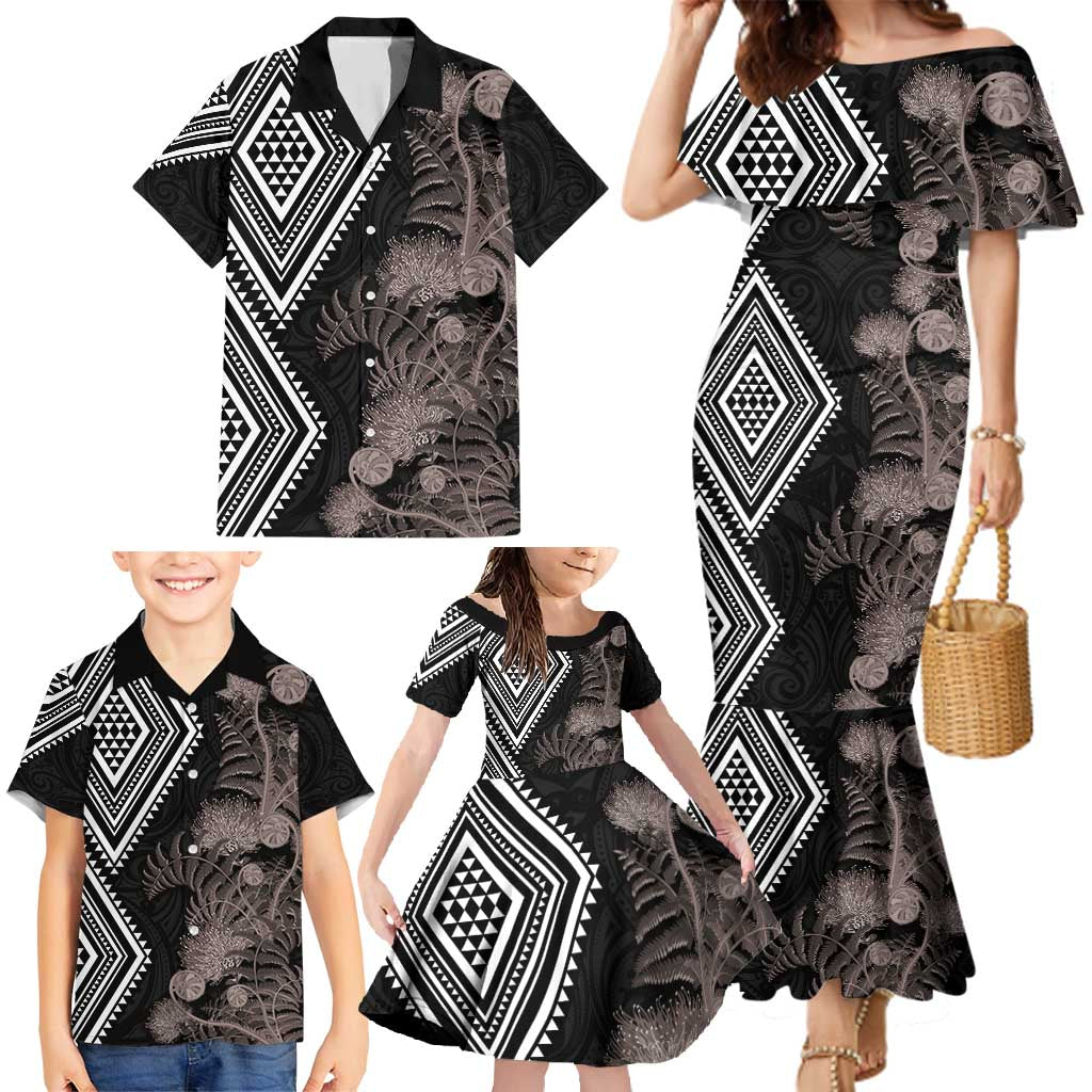 Aotearoa Tukutuku Motif Family Matching Mermaid Dress and Hawaiian Shirt Pohutukawa and Fern Leaves Grayscale Color LT03 - Polynesian Pride