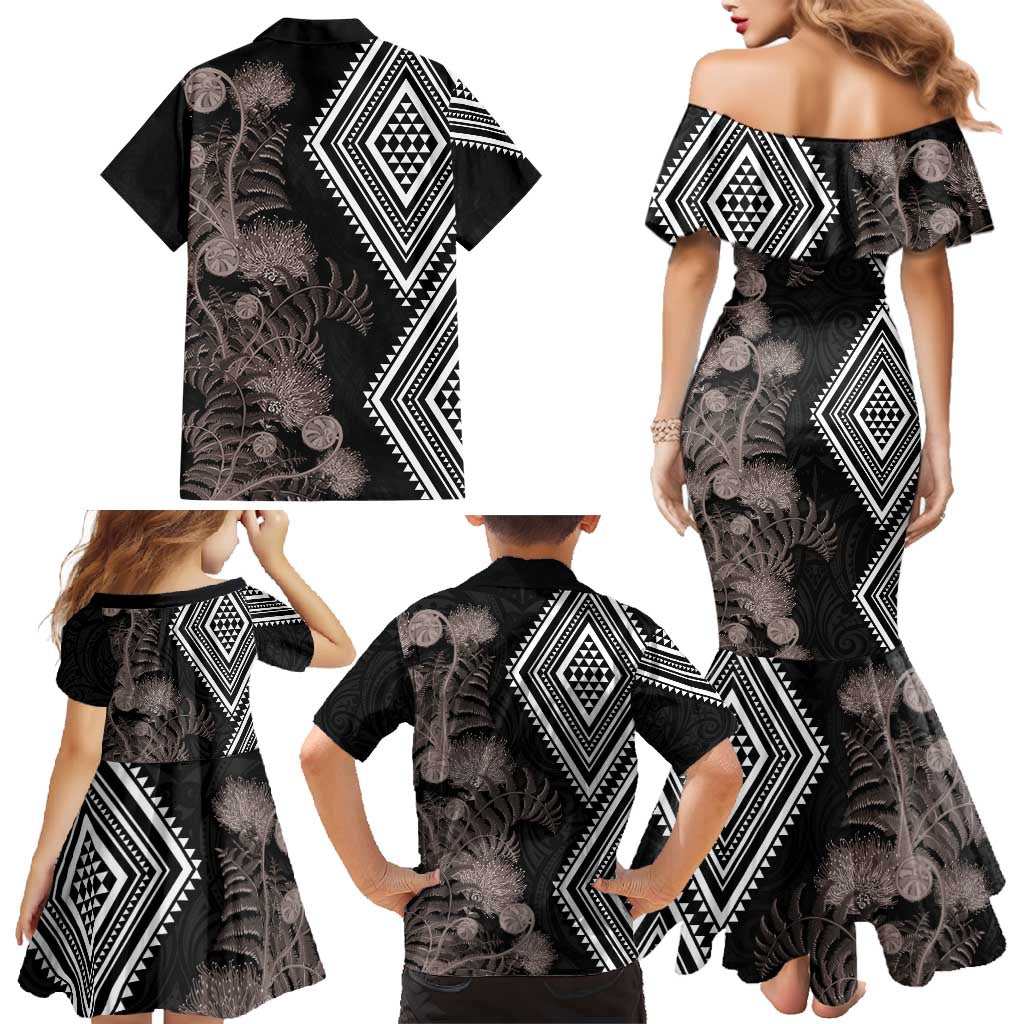 Aotearoa Tukutuku Motif Family Matching Mermaid Dress and Hawaiian Shirt Pohutukawa and Fern Leaves Grayscale Color LT03 - Polynesian Pride