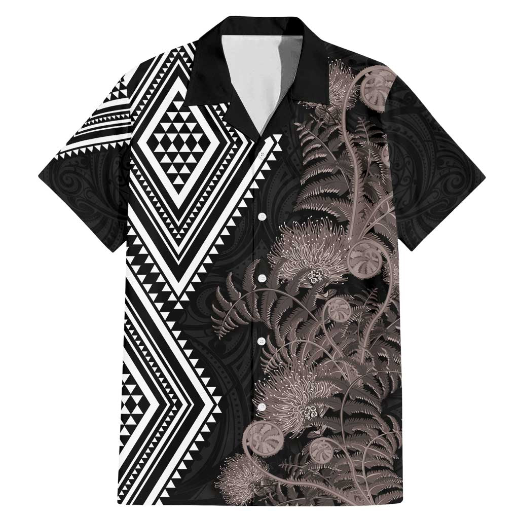 Aotearoa Tukutuku Motif Family Matching Mermaid Dress and Hawaiian Shirt Pohutukawa and Fern Leaves Grayscale Color LT03 Dad's Shirt - Short Sleeve Black - Polynesian Pride