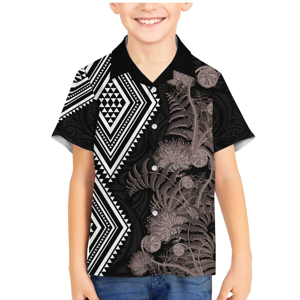 Aotearoa Tukutuku Motif Family Matching Mermaid Dress and Hawaiian Shirt Pohutukawa and Fern Leaves Grayscale Color LT03 Son's Shirt Black - Polynesian Pride
