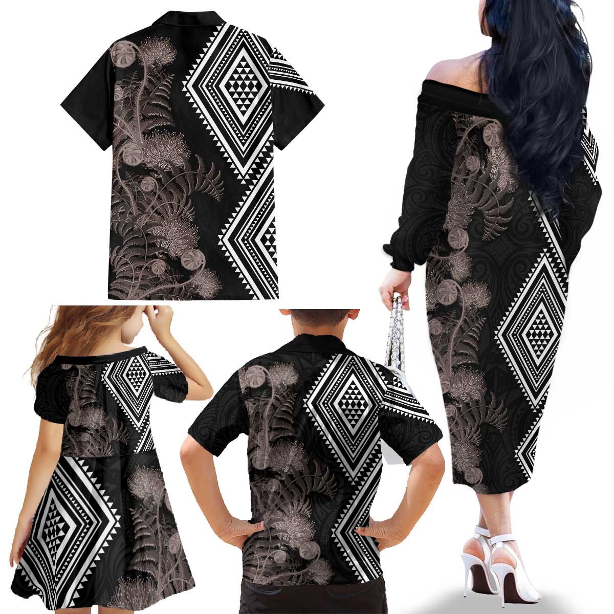 Aotearoa Tukutuku Motif Family Matching Off The Shoulder Long Sleeve Dress and Hawaiian Shirt Pohutukawa and Fern Leaves Grayscale Color