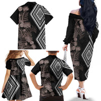 Aotearoa Tukutuku Motif Family Matching Off The Shoulder Long Sleeve Dress and Hawaiian Shirt Pohutukawa and Fern Leaves Grayscale Color