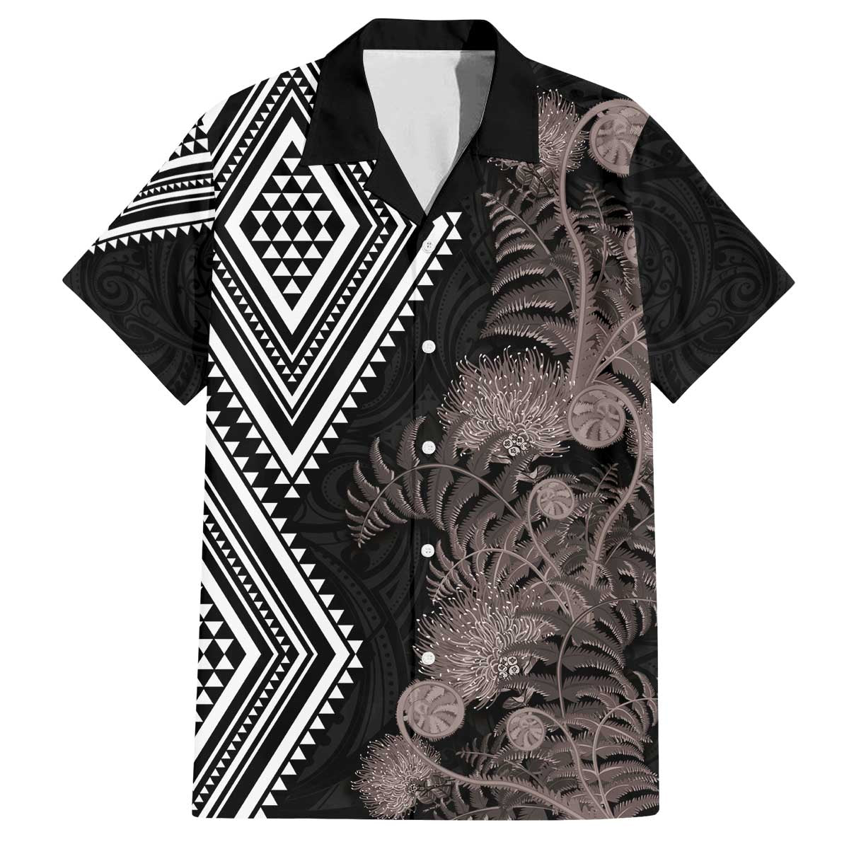 Aotearoa Tukutuku Motif Family Matching Off The Shoulder Long Sleeve Dress and Hawaiian Shirt Pohutukawa and Fern Leaves Grayscale Color