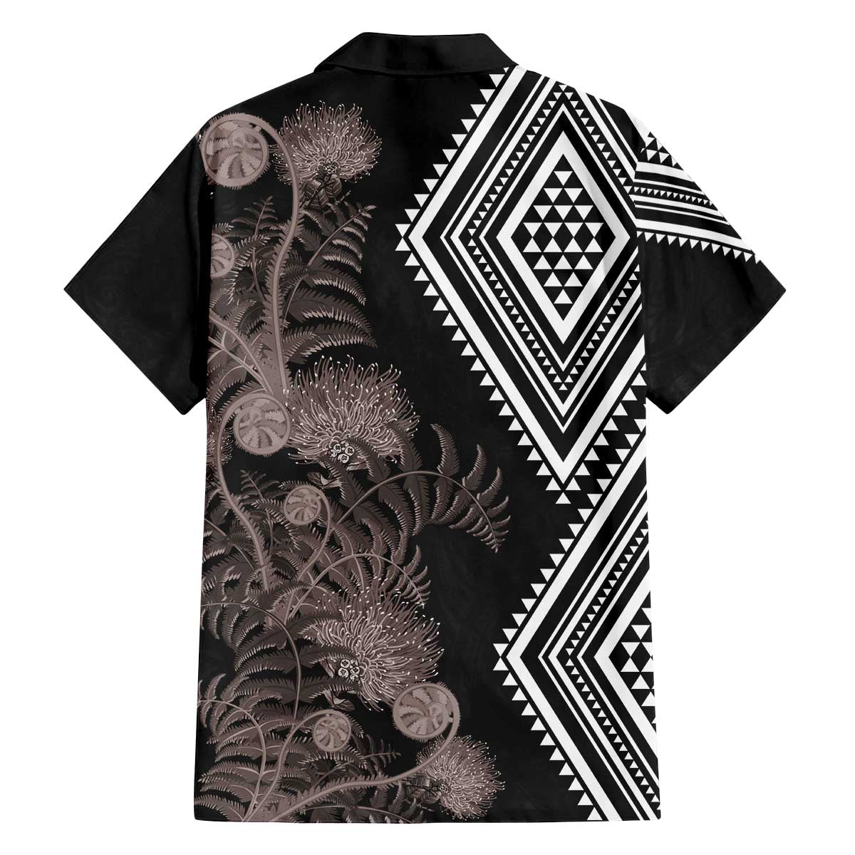 Aotearoa Tukutuku Motif Family Matching Off The Shoulder Long Sleeve Dress and Hawaiian Shirt Pohutukawa and Fern Leaves Grayscale Color