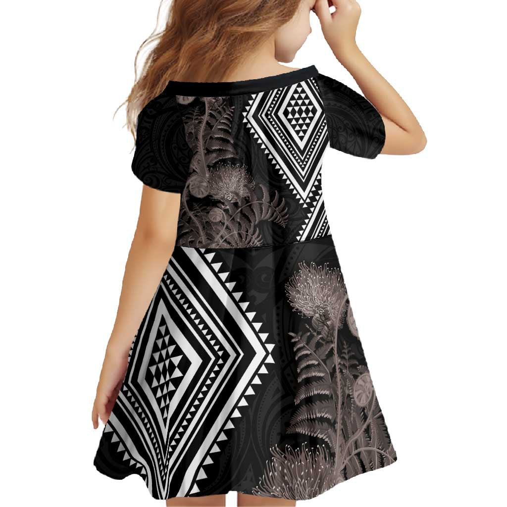Aotearoa Tukutuku Motif Family Matching Off Shoulder Maxi Dress and Hawaiian Shirt Pohutukawa and Fern Leaves Grayscale Color LT03 - Polynesian Pride