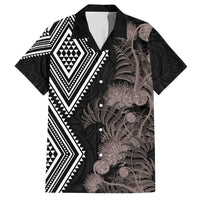 Aotearoa Tukutuku Motif Family Matching Off Shoulder Maxi Dress and Hawaiian Shirt Pohutukawa and Fern Leaves Grayscale Color LT03 Dad's Shirt - Short Sleeve Black - Polynesian Pride