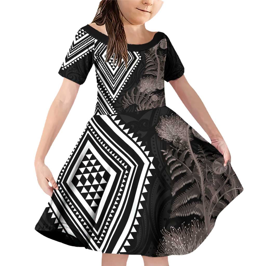 Aotearoa Tukutuku Motif Family Matching Off Shoulder Short Dress and Hawaiian Shirt Pohutukawa and Fern Leaves Grayscale Color LT03 Daughter's Dress Black - Polynesian Pride