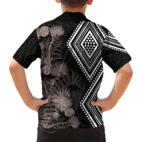 Aotearoa Tukutuku Motif Family Matching Puletasi and Hawaiian Shirt Pohutukawa and Fern Leaves Grayscale Color LT03 - Polynesian Pride