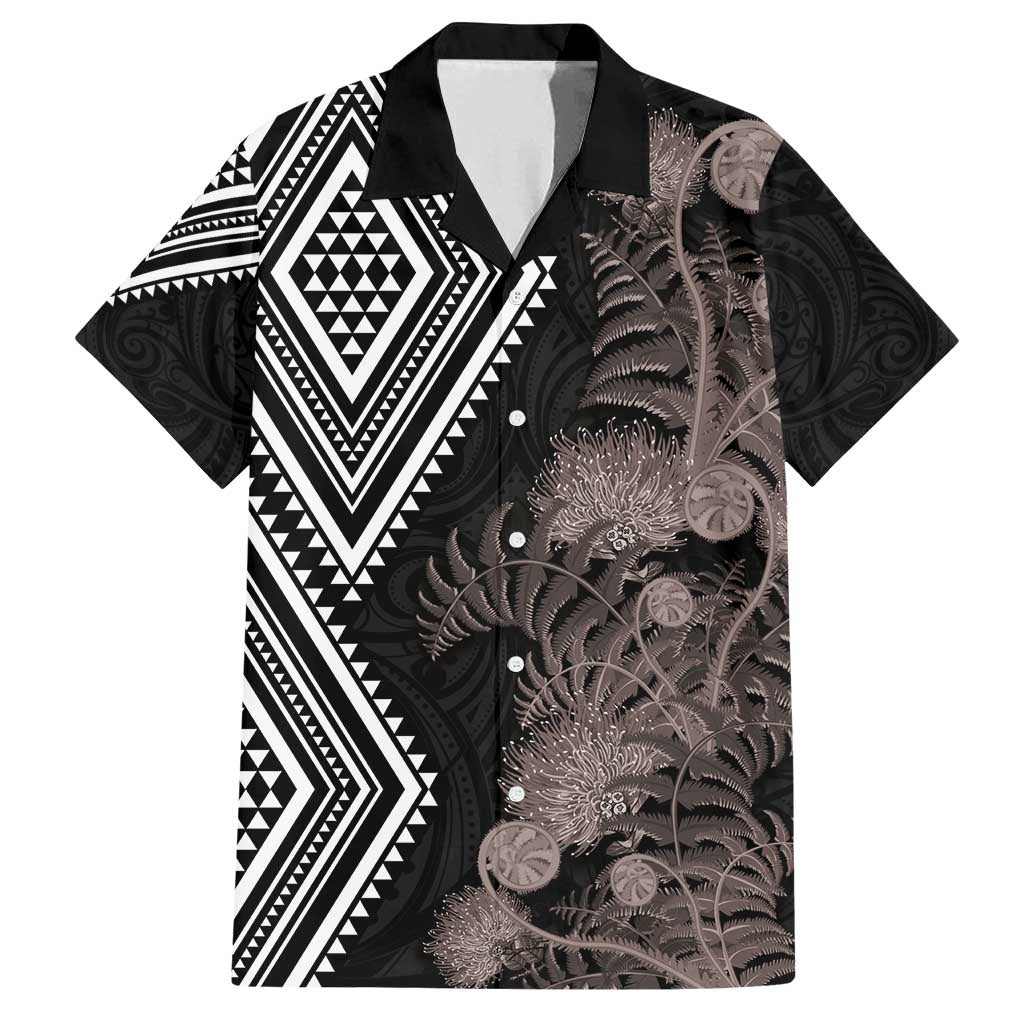 Aotearoa Tukutuku Motif Family Matching Puletasi and Hawaiian Shirt Pohutukawa and Fern Leaves Grayscale Color LT03 Dad's Shirt - Short Sleeve Black - Polynesian Pride
