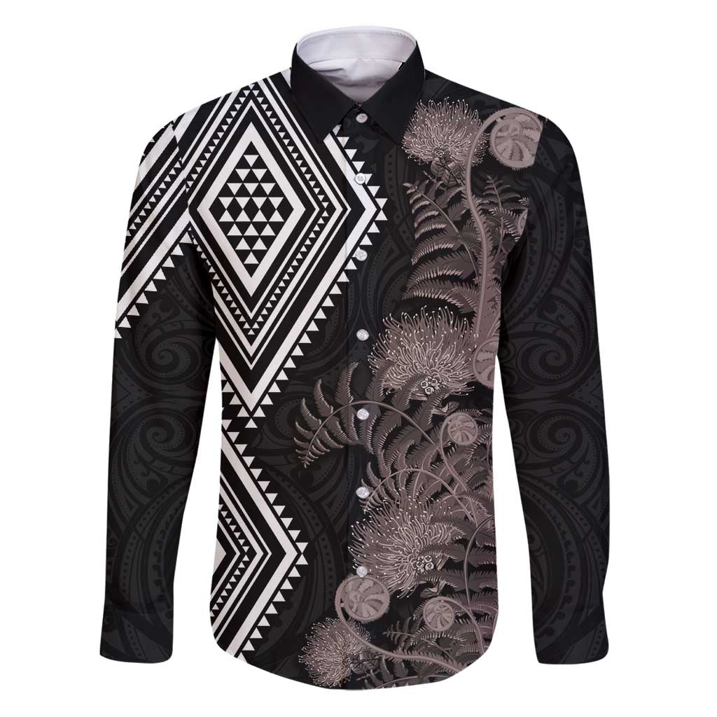 Aotearoa Tukutuku Motif Family Matching Puletasi and Hawaiian Shirt Pohutukawa and Fern Leaves Grayscale Color LT03 Dad's Shirt - Long Sleeve Black - Polynesian Pride