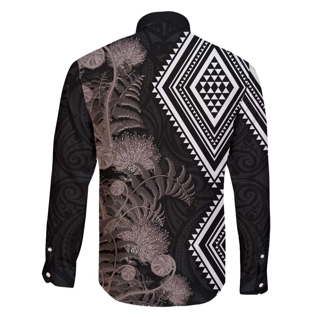 Aotearoa Tukutuku Motif Family Matching Puletasi and Hawaiian Shirt Pohutukawa and Fern Leaves Grayscale Color LT03 - Polynesian Pride