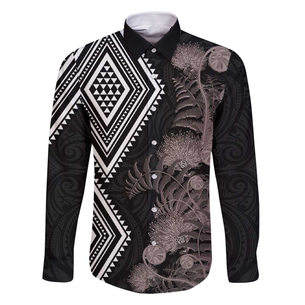Aotearoa Tukutuku Motif Family Matching Short Sleeve Bodycon Dress and Hawaiian Shirt Pohutukawa and Fern Leaves Grayscale Color LT03 Dad's Shirt - Long Sleeve Black - Polynesian Pride